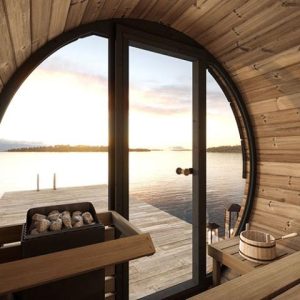 SaunaLife Model EE6G 4 Person Outdoor Sauna Barrel inside look glass window