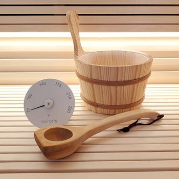 Alternative view of SaunaLife Accessory Package 4 Wooden 1-Gallon Sauna Bucket Set with Wood Ladle and Thermometer