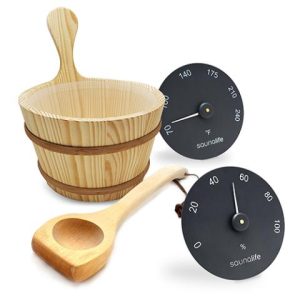 SaunaLife Accessory Package 3 Wooden 1-Gallon Sauna Bucket, Wood Ladle, Thermometer, Hygrometer,