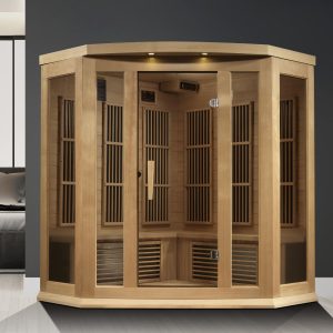 Golden Designs Maxxus "Chaumont Edition" 3-Person Corner Near Zero EMF FAR Infrared Sauna with Canadian Hemlock